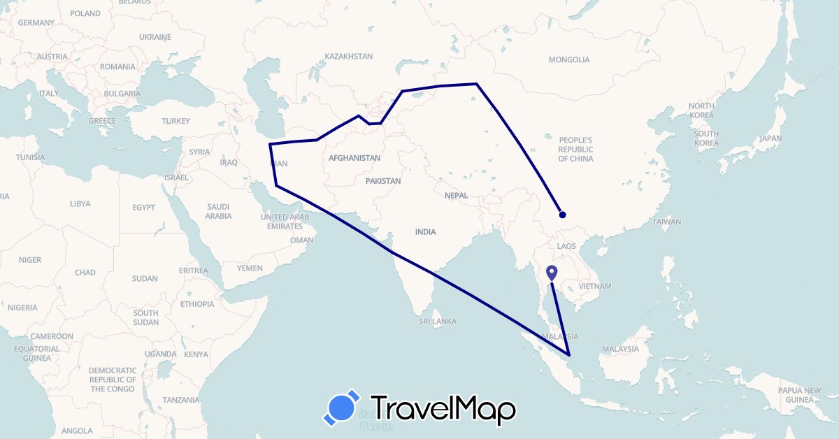 TravelMap itinerary: driving in China, India, Iran, Kyrgyzstan, Singapore, Thailand, Tajikistan, Uzbekistan (Asia)